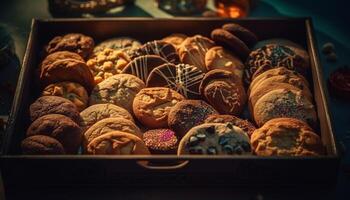Assorted homemade gourmet sweets in a rustic wooden tray generated by AI photo