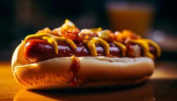 Grilled beef hot dog on rustic bun with ketchup and fries generated by AI photo