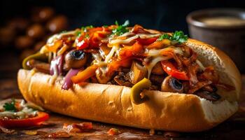 Grilled beef hot dog on a bun with onion and tomato generated by AI photo