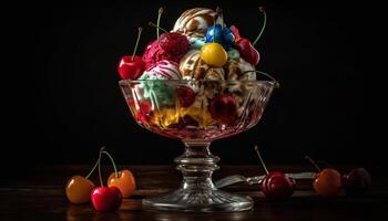 verano indulgencia gastrónomo hielo crema helado con frutas y nueces con Fresco baya Fruta generado por ai foto