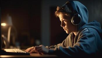 Caucasian child sitting indoors, using laptop and headphones for studying generated by AI photo