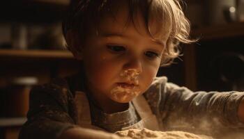 Cute Caucasian toddler learning baking in messy domestic kitchen, enjoying meal generated by AI photo