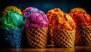 Multi colored ice cream cones with gourmet chocolate and fruity variations generated by AI photo