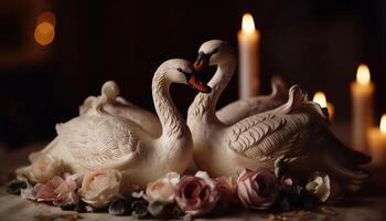 Swan love Romance, elegance, beauty in nature, celebration, wedding generated by AI photo