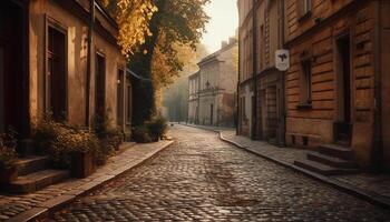 Medieval city street illuminated by lanterns and street lights generated by AI photo