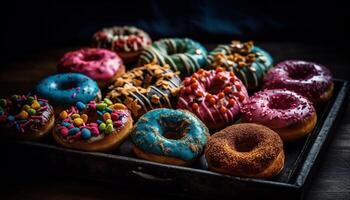 indulgente hecho en casa postre frito rosquilla con multi de colores Formación de hielo y fresa generado por ai foto