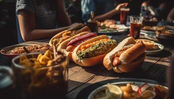 Grilled hot dog meal, beef and pork on picnic table generated by AI photo