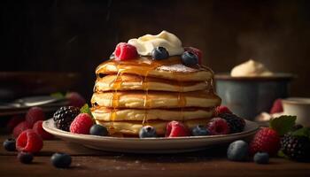 Healthy homemade berry pancakes with sweet syrup and fresh blueberries generated by AI photo