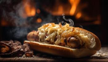 Grilled meat on bun with vegetables and sauce, ready to eat generated by AI photo