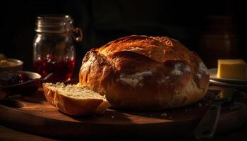 recién horneado un pan en rústico de madera mesa, Listo a comer gastrónomo comida generado por ai foto