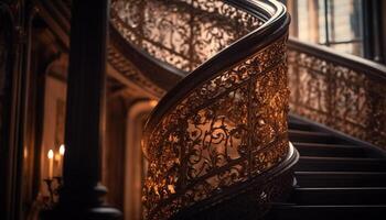 elegante escalera con florido barandilla y metal barandilla adentro generado por ai foto