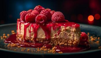 Freshly baked raspberry cheesecake with chocolate and whipped cream decoration generated by AI photo