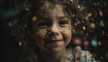 sonriente caucásico niña disfruta vistoso cumpleaños fiesta con juguetón niños generado por ai foto