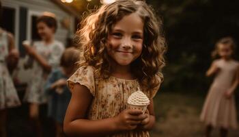 Smiling girls holding ice cream cones enjoy carefree summer outdoors generated by AI photo