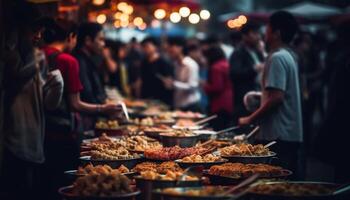 Street market vendor grills meat for crowded night celebration generated by AI photo