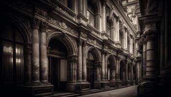 gótico arquitectura en antiguo ciudad, negro y blanco monocromo elegancia generado por ai foto