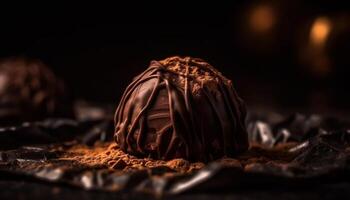 Dark chocolate truffle stack, a gourmet indulgence on rustic wood generated by AI photo