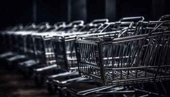 Metallic shopping cart in empty retail store with large merchandise stack generated by AI photo