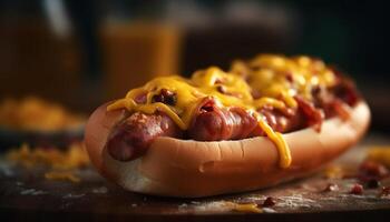 Grilled beef sandwich with hot dog, onion, and ketchup generated by AI photo