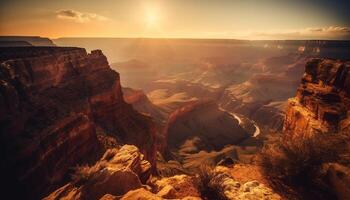 Panoramic sunset over majestic eroded sandstone cliff, a natural landmark generated by AI photo