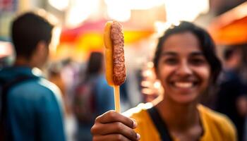 Young adults enjoying traditional festival food at a summer carnival generated by AI photo