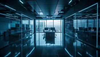 Futuristic office with clean, empty corridors and bright lighting equipment generated by AI photo