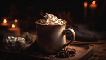 Rustic hot chocolate mug on wooden table with marshmallow indulgence generated by AI photo