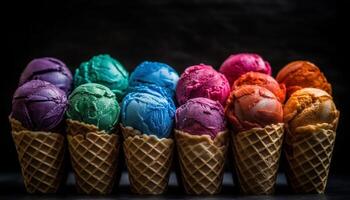 Indulgent gourmet dessert collection with multi colored ice cream variations generated by AI photo