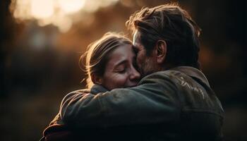 amor y felicidad abrazo esta heterosexual Pareja en naturaleza belleza generado por ai foto