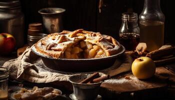 Rustic apple pie, a gourmet indulgence on a wooden table generated by AI photo