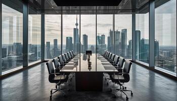 Modern office with panoramic cityscape view, empty chair and desk generated by AI photo