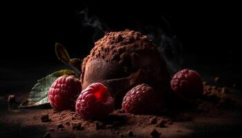 Dark chocolate truffle ball with raspberry cream and coconut sphere generated by AI photo
