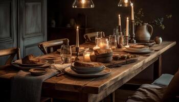 Rustic table decoration with homemade gourmet dessert and candlelight ambiance generated by AI photo