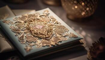 Antique book cover on old fashioned desk, ornate decoration, rustic elegance generated by AI photo