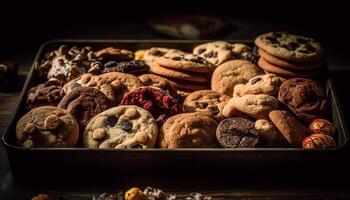 hecho en casa chocolate chip galletas, indulgente bocadillo, rústico todavía vida generado por ai foto