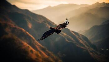 Majestic bird of prey soars high above mountain range silhouette generated by AI photo