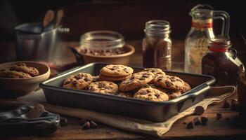 hecho en casa chocolate chip galletas en rústico madera mesa con Leche generado por ai foto