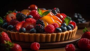 Healthy summer snack homemade berry tart with fresh mint leaf decoration generated by AI photo