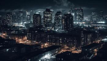 Glowing cityscape with skyscrapers and modern architecture illuminated at dusk generated by AI photo