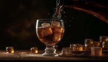 Golden whiskey splashing in glass, ice cubes and bubbles refreshing generated by AI photo