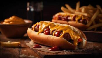 Grilled beef and hot dog meal with ketchup on bun generated by AI photo