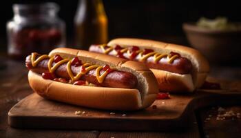 Grilled hot dog on rustic bun with ketchup and onion generated by AI photo