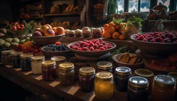 rústico cuenco de orgánico baya Fruta colección para sano comiendo generado por ai foto