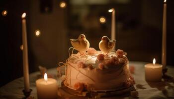 Celebration event with glowing candlelight illuminating sweet birthday cake indoors generated by AI photo