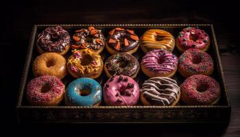Multi colored donut box, a sweet indulgence for unhealthy eating temptation generated by AI photo