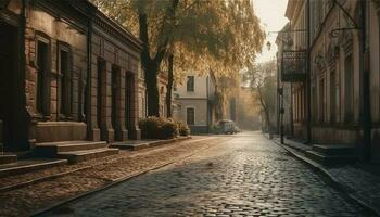 Old city street, illuminated by sunset, vanishing point in distance generated by AI photo