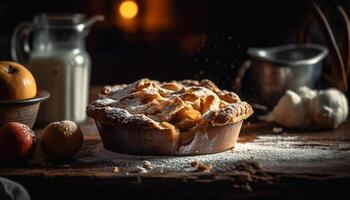 Homemade sweet pie and muffin on rustic wood table generated by AI photo