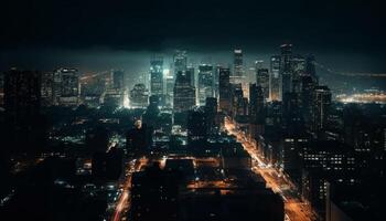resumen paisaje urbano iluminado por multi de colores rascacielos a noche generado por ai foto