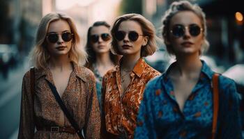 joven mujer en Gafas de sol exudar elegancia y belleza al aire libre generado por ai foto