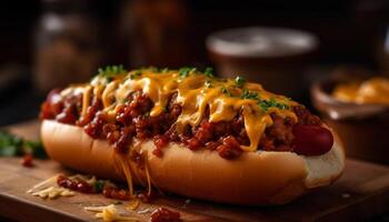 Grilled beef hot dog with homemade ketchup and rustic bun generated by AI photo